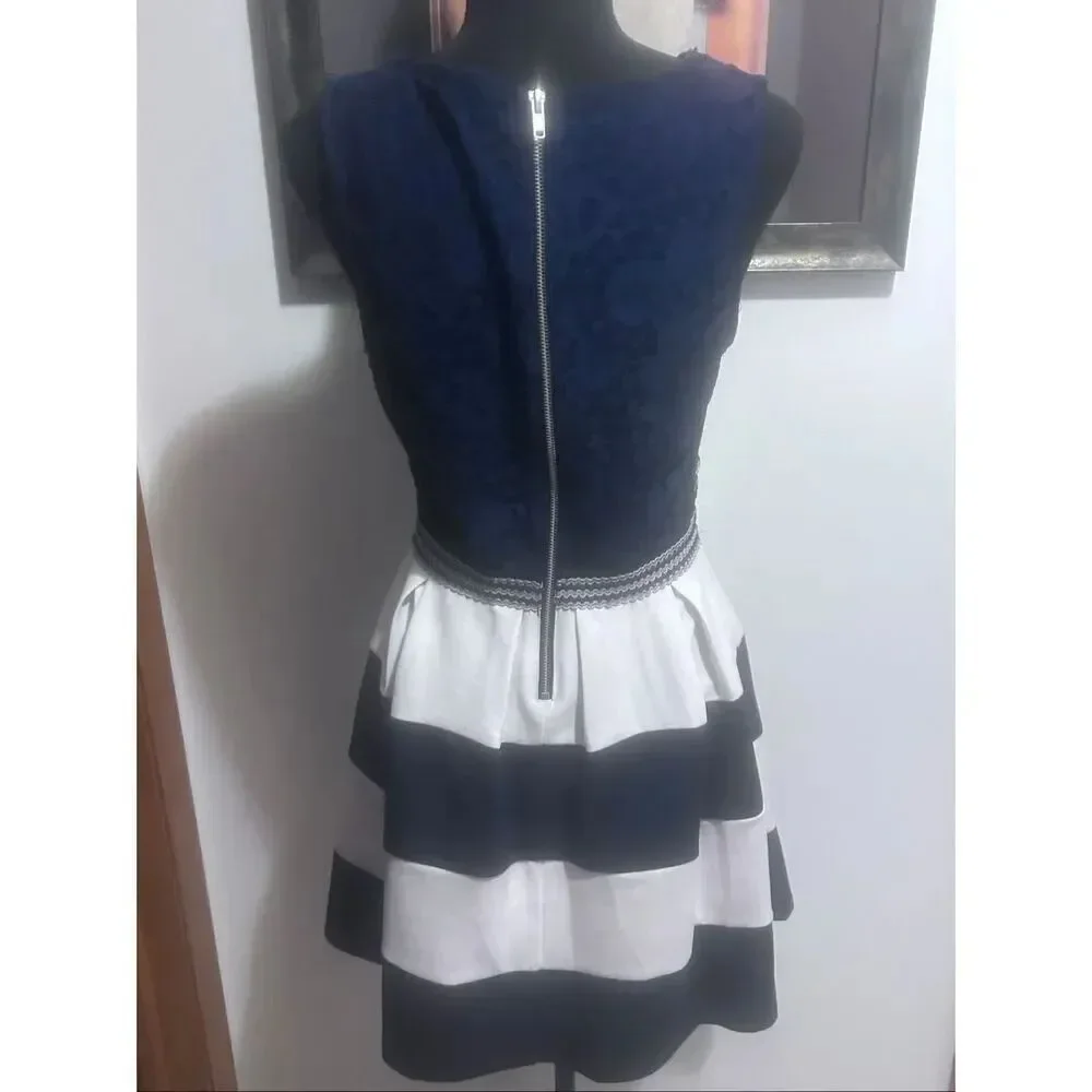 Speechless Juniors Size L Navy White Stripe Lace Fit & Flare Sleeveless Dress